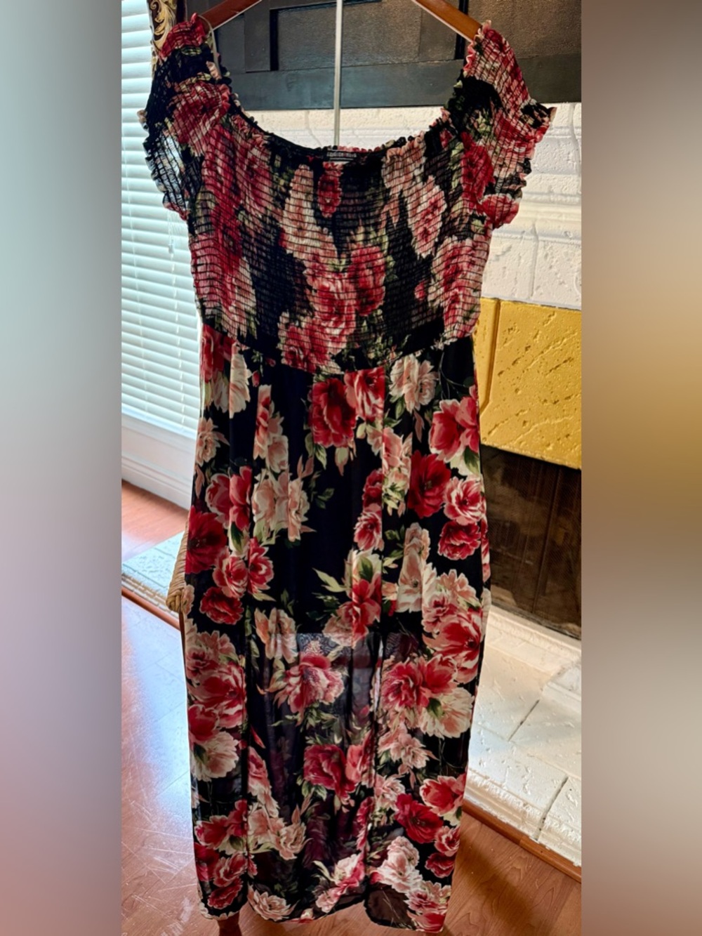 Pre-Loved Floral Smocked Maxi Dress in Black with Red & Pink Roses